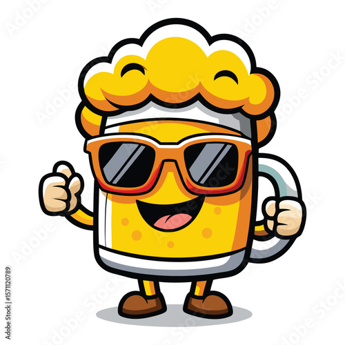 Cheerful beer glass character wearing sunglasses and showing off biceps