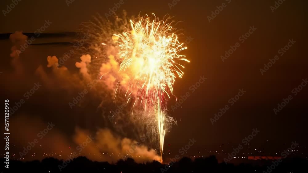 Vibrant golden and red fireworks illuminate the dark night sky with dazzling explosions.