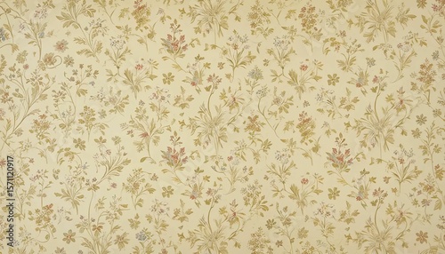 Wallpaper print from 1980s farmhouse kitchen, tiny floral motifs in repeating diamond layout, pale yellow background.