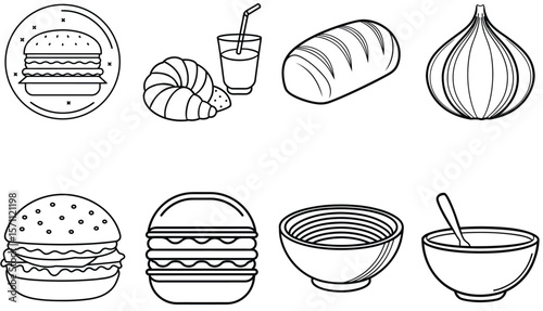 Burger croissant bread garlic drink bowls with spoon vector