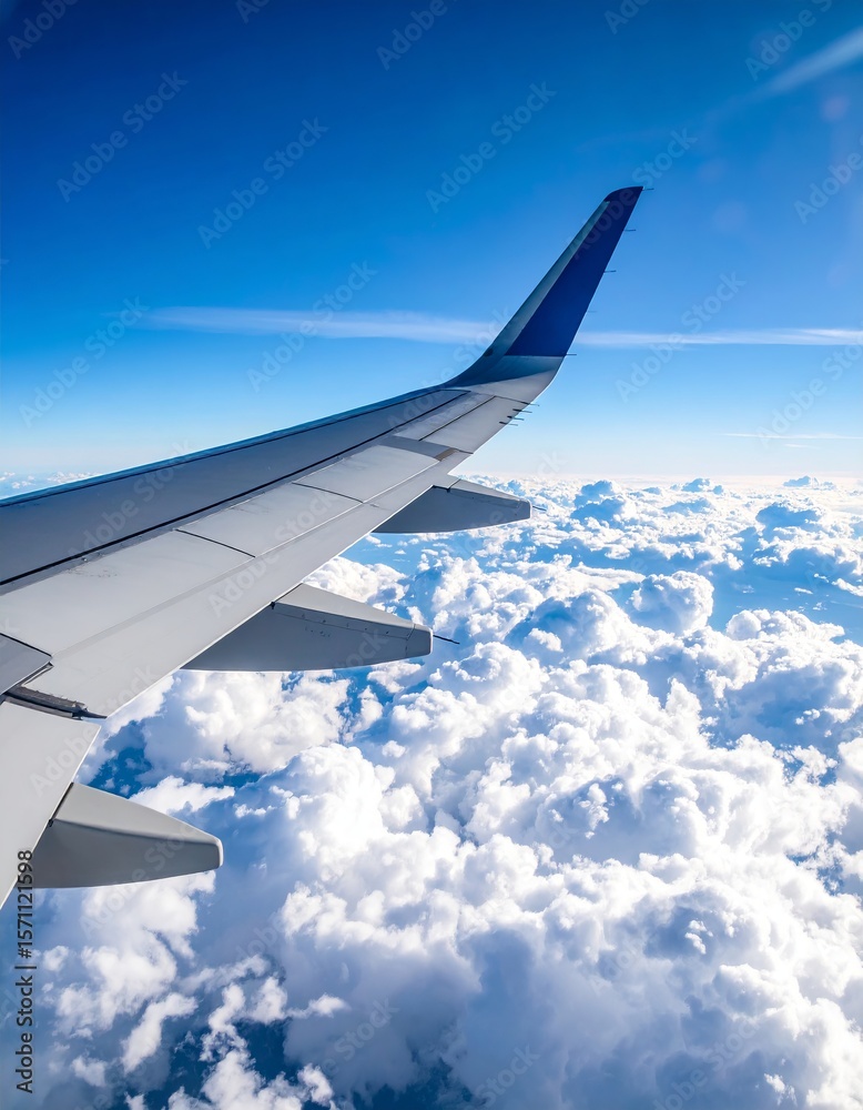 Obraz premium View from an airplane wing above a cloud-covered landscape on a sunny day