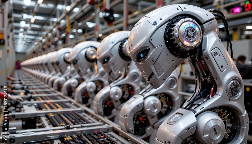 Fototapeta premium imagine a futuristic scene where revolutionary robotic technology reigns supreme, dominating industries with its cutting edge automation and artificial intelligence, in this mesmerizing artwork