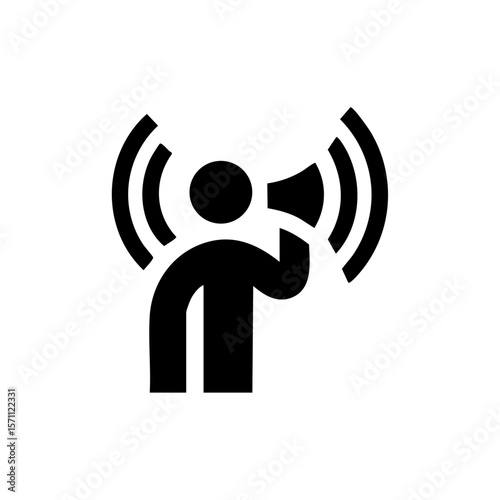 A simple icon of a person holding a megaphone with sound waves, representing public speaking, advocacy, announcements, or broadcasting messages.
