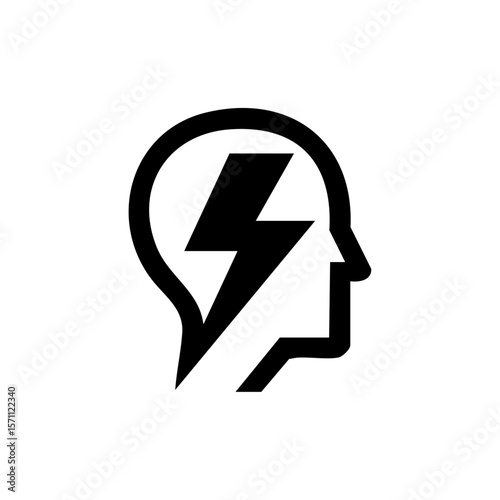 A stylized human head combined with a lightning bolt, symbolizing innovative thinking, creativity, breakthrough ideas, and mental energy.
