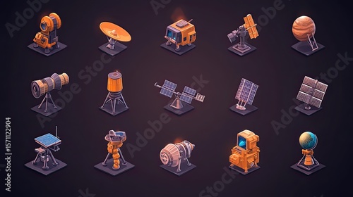 Fototapeta Naklejka Na Ścianę i Meble -  Isometric Space Exploration Icons: Telescopes, Satellites, and Planets on Dark Background