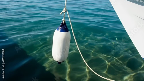white and blue boat fender hangs above clear turquoise water gently swaying beside a boat hull with sunlight reflecting on the seabed.