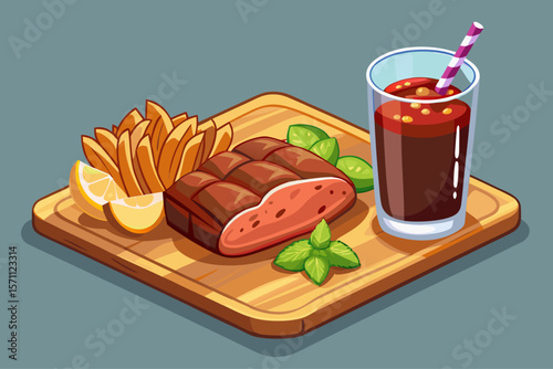 vector of Meat fillet and chips. Ice cold soda in a glass on a wooden board for restaurant food...