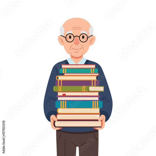 An elderly man with glasses holds a large stack of colorful books against a white background.