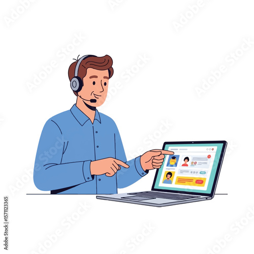 A man wearing headphones and pointing at a laptop screen, likely providing online customer support or assistance.