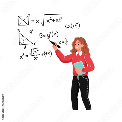 A smiling teacher explains mathematical equations on a whiteboard, holding a notebook.