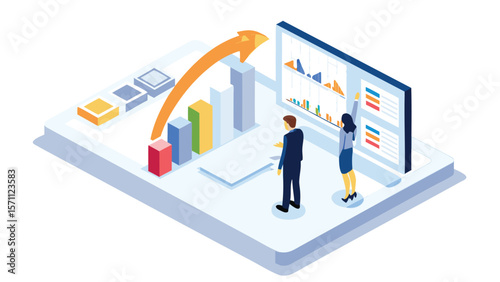 Isometric illustration of business professionals analyzing charts and data on screens together