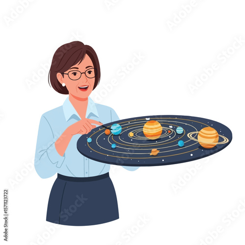 A teacher presenting a model of the solar system, pointing at planets.