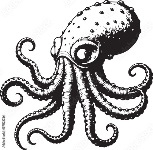 Intricate Octopus Illustration: A captivating black and white illustration showcasing a detailed depiction of an octopus with its expressive eyes and gracefully curved tentacles. 