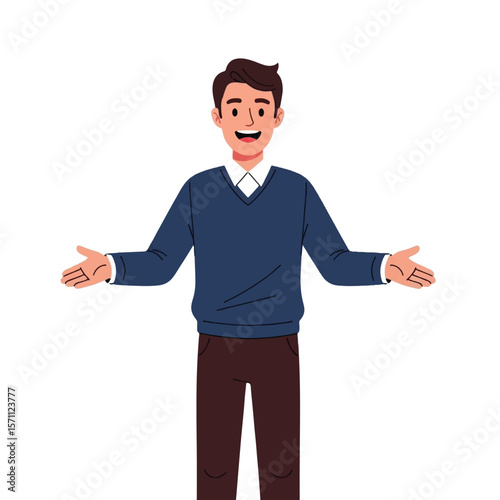 Smiling man with open arms, wearing a blue sweater and brown pants, against a white background.