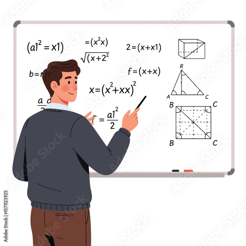 A man points to math equations and geometric shapes on a whiteboard, teaching or explaining a concept.
