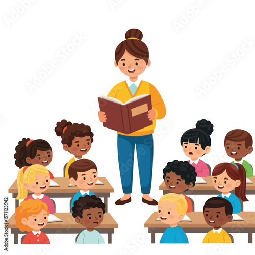 A teacher reads a book to a group of attentive children in a classroom.
