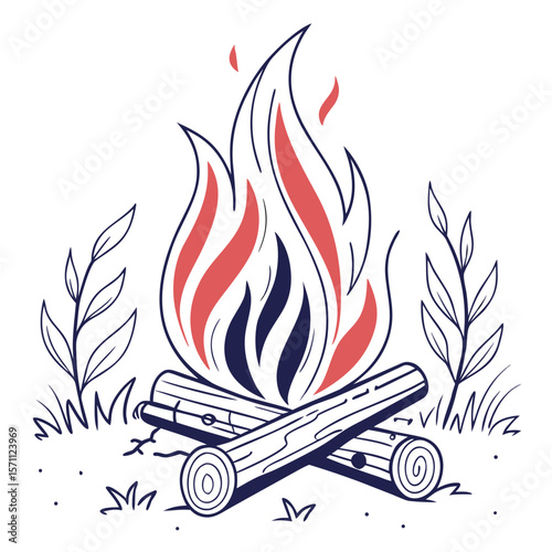 campfire, log pile, flames, nature, outdoors, illustration, minimalist, vector art
