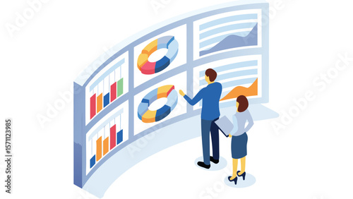 Isometric illustration of two people analyzing data charts and graphs on a large computer screen