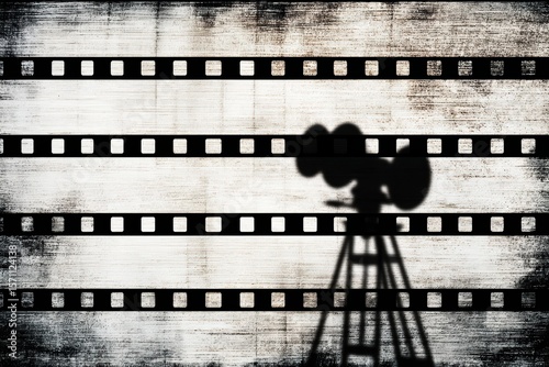 Abstract filmstrip background with projector shadow in black, white and gray, retro minimalist design with rough texture.