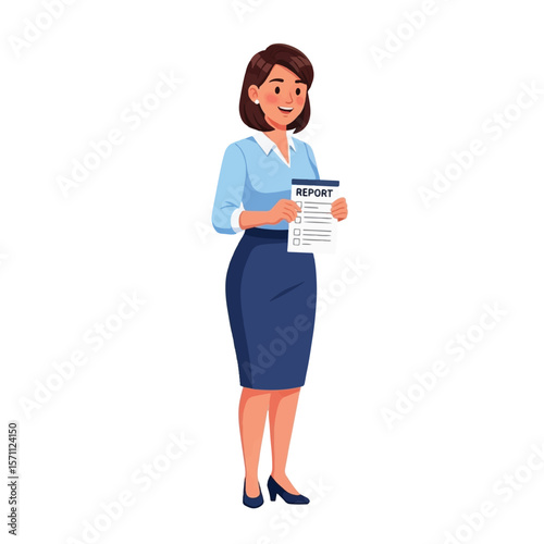 A smiling woman in a blue skirt and shirt holds a report in her hands.