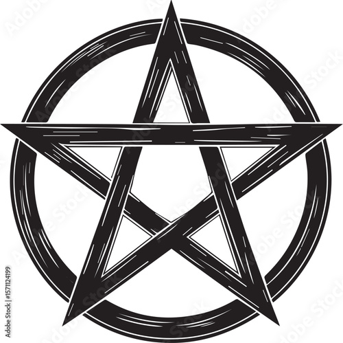 Mystical Pentagram: A bold graphic of a pentagram, the five-pointed star within a circle, rendered in stark black and white, symbolizing magic and mystery. 