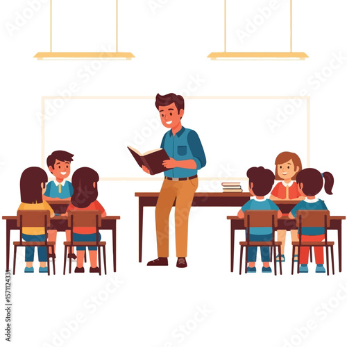 A male teacher reads aloud from a book to a group of students sitting at their desks in a classroom.