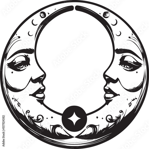 Celestial Faces: A meticulously crafted illustration showcases a double exposure of celestial bodies, capturing the mystical allure of the cosmos in a circular emblem. 