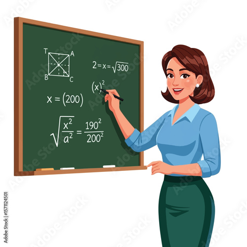 A smiling teacher writes math equations on a green chalkboard with white chalk in a classroom setting.