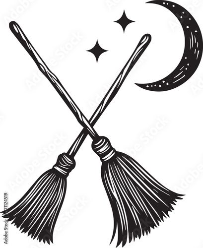 Celestial Broomsticks: Two crossed broomsticks rest beneath the celestial beauty of a crescent moon, accompanied by twinkling stars, painted in a detailed, monochrome illustration.