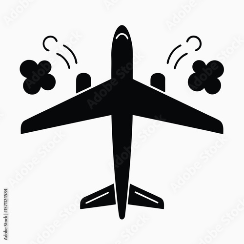 Black and White Airplane in Distress Silhouette Icon Isolated on White Background