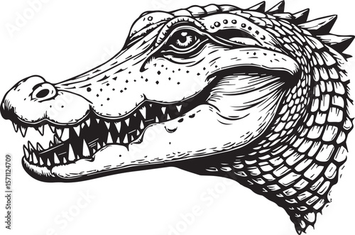 Detailed Alligator Illustration: A detailed black and white illustration showcases the head of an alligator. The image highlights the texture of the skin, scales and sharp teeth.