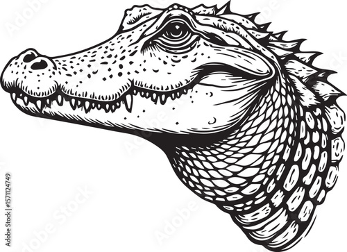 Illustrative Alligator Portrait: An artistic, photorealistic depiction of an alligator's head, showcasing the creature's rugged texture and intense gaze, ready to strike.