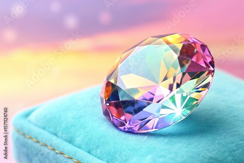 Iridescent gemstone resting on a blue velvet cushion against a pastel colored background scene view