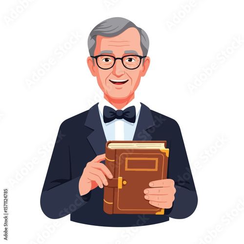 Smiling senior man in formal attire holding an antique book.