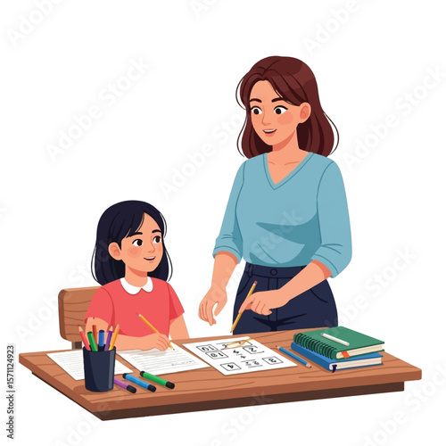 A teacher guides a young student with her homework at a desk.