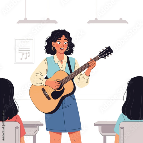 A woman plays a guitar in front of two students in a classroom setting.