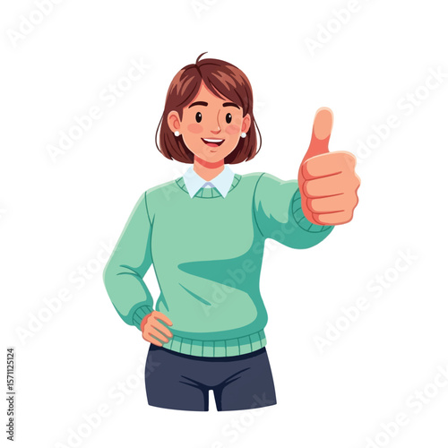 Smiling woman giving a thumbs-up gesture, conveying approval or agreement.