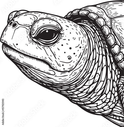Sea Turtle Portrait: A close-up pen and ink illustration of a sea turtle, showcasing its detailed texture, expressive eye, and the intricate patterns of its shell. A celebration of marine life.