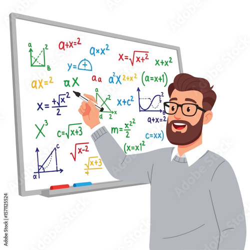Cartoon man with beard and glasses pointing at a whiteboard covered in mathematical equations and symbols.