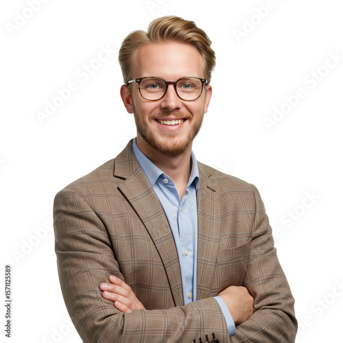 Smiling blond man in jacket with arms crossed portrait isolated on transparent background