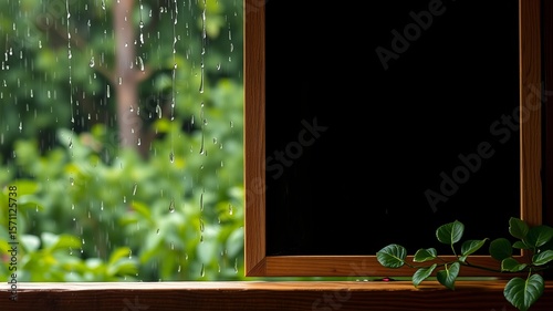 Rain droplets cling to a windowpane overlooking lush green foliage on a rainy day creating a serene and tranquil atmosphere.