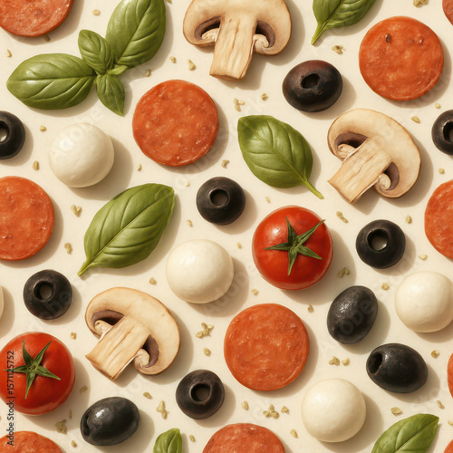 Seamless Pizza Toppings Pattern – Realistic Ingredients on Clean Surface
