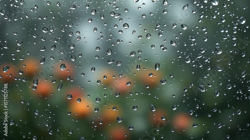 Rain droplets cling to a windowpane obscu a blurred view of vibrant orange flowers in a lush garden on a rainy day.