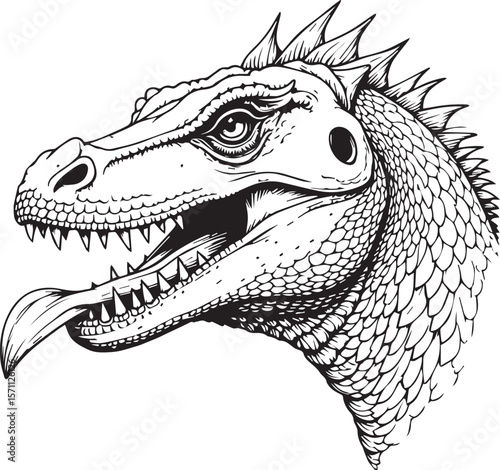 Detailed Dragon Illustration: A meticulously crafted line art of a fierce dragon head, showcasing intricate scales, sharp teeth, and a piercing gaze.