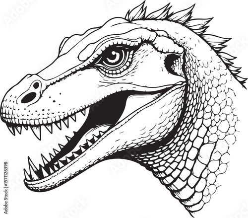 Intimidating Tyrannosaurus Rex: A detailed black and white illustration showcases a formidable Tyrannosaurus Rex, its fierce gaze and razor-sharp teeth conveying raw power and the prehistoric age.