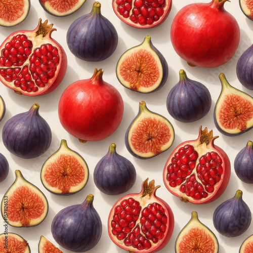 Seamless Fig and Pomegranate Pattern – Realistic Fruit Texture with Juicy Interiors