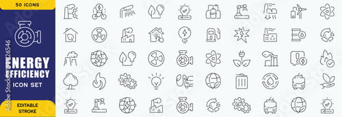 Set of 50 line icons related to energy, electrical energy, electricity. Outline icon collection. Vector illustration. Editable stroke