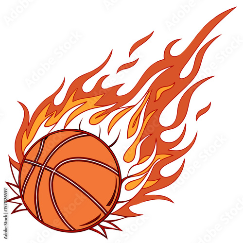 basketball, flames, fire, sports, game, competition, orange, round, sphere, dynamic, energetic, movement, illustration, vector art
