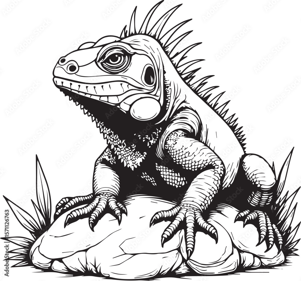 Fototapeta premium Iguana's Posed Majesty: An iguana, perched on a textured rock amid subtle botanical details, stands as a symbol of reptilian grace and evolutionary resilience.