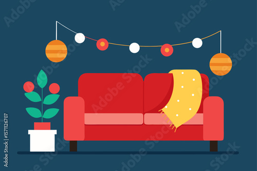 Modern Living Room Decorated With Red And Gold Christmas Decor